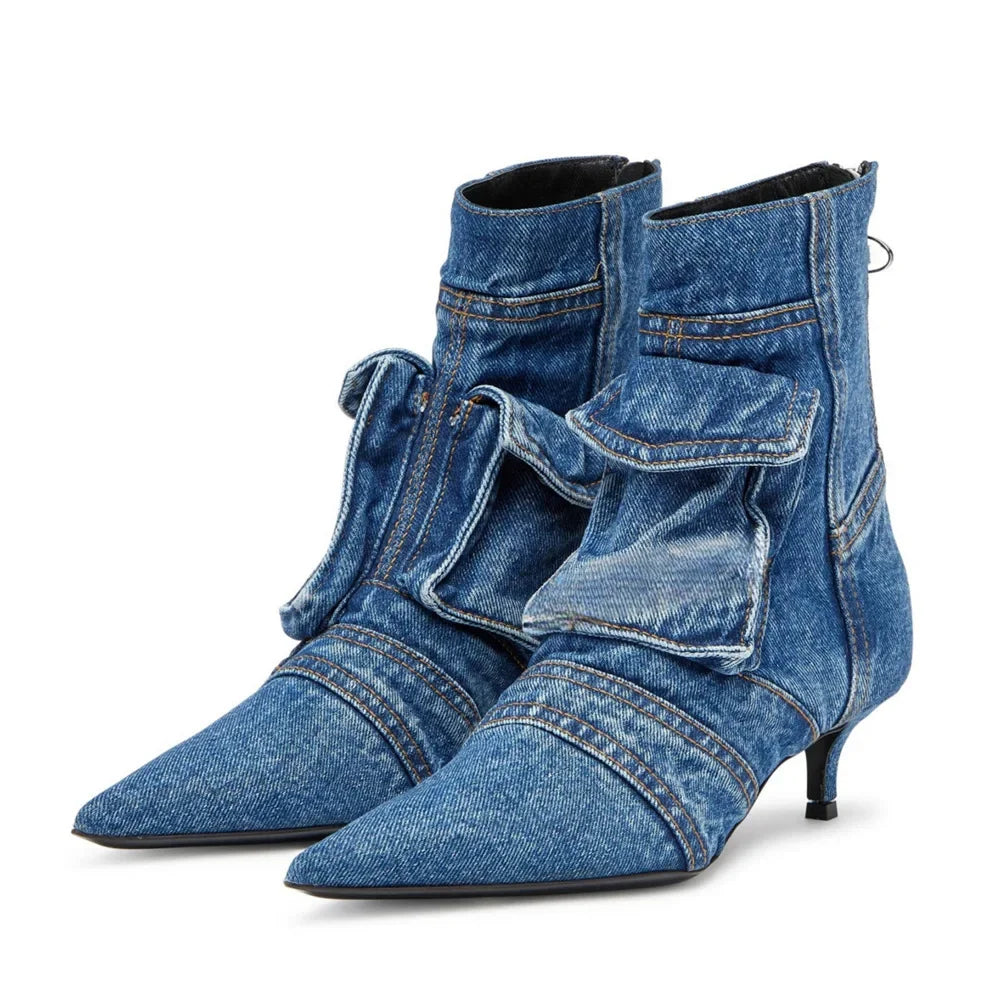Para Mujer Women Shoes Washed Denim Pocket Boots Fashionable Pointed Thin Low Heel Rear Zipper Short Boots Botas De Invierno