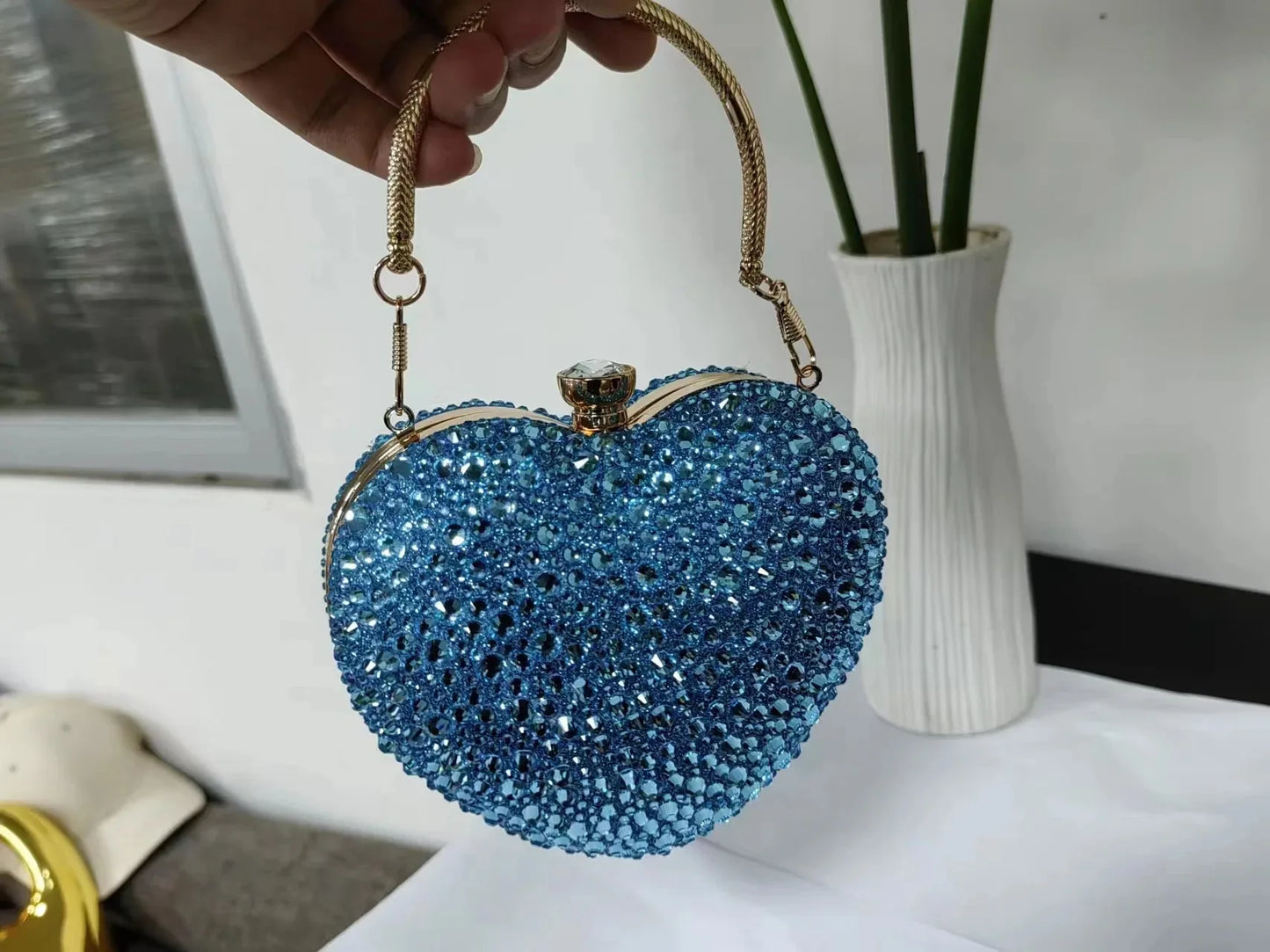 Luxury Diamond Inlay Heart Shape Crystal Clutch Purse Stones Evening Wedding Party Shoulder Bags Handle Rhinestone Mini Handbags