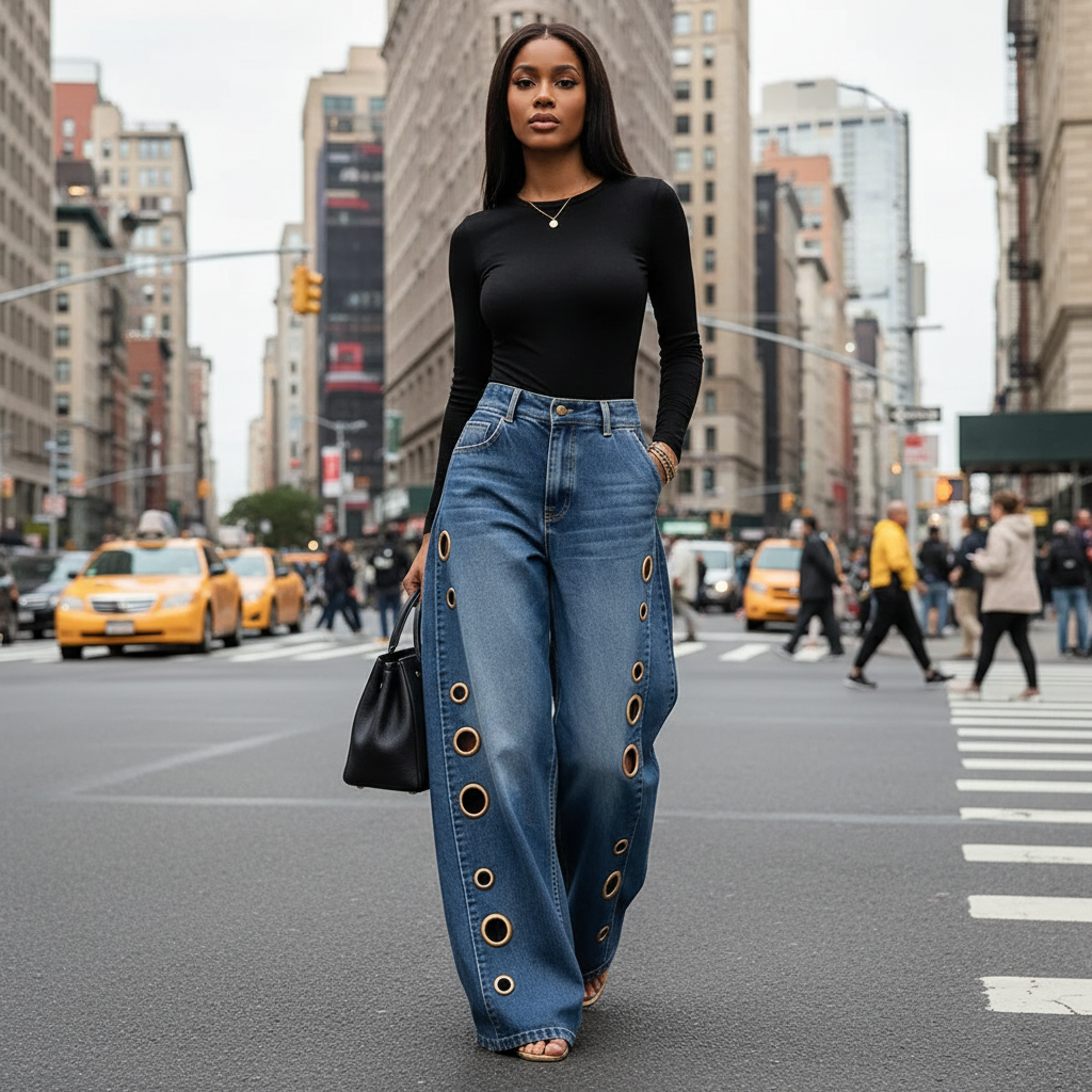 Missuoo Women's Washed Blue High-Waist Metal Grommet Wide Leg Jeans 2026 Casual Loose Fit Streetwear Pants Casual Trousers
