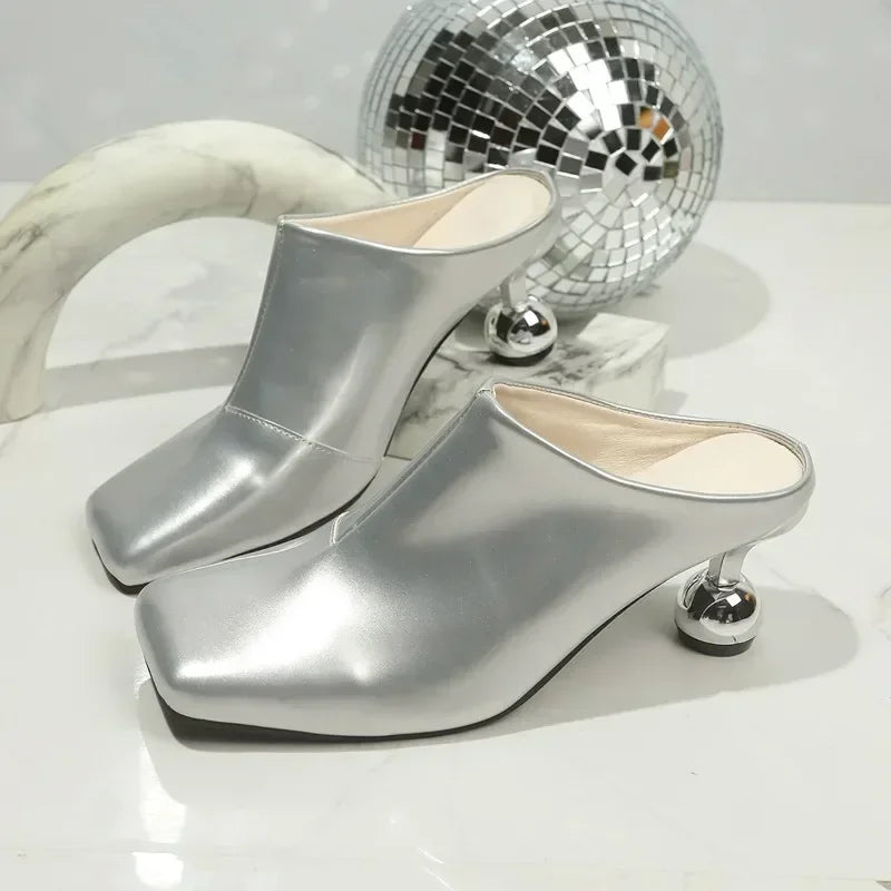 New High Heels Slipppers Elegant Women Slides Square Toe Shallow Summer Dress Mules Sexy Metal Strange Style Heels Shoes Size 42