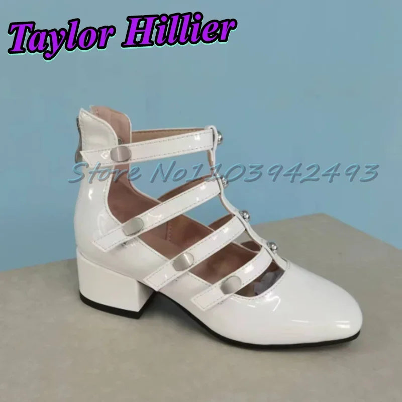 Gladiator Green Heeled Sandals Rivets Women Designer Luxury Shoes Patent Leather Solid Sandalias De Mujer Roman Strappy Palace