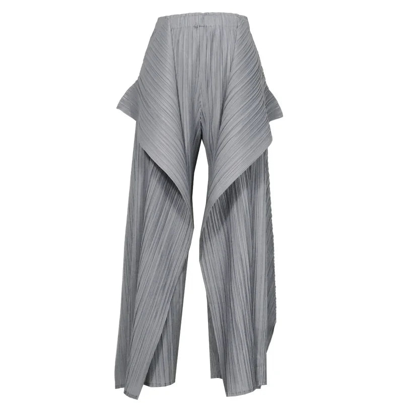 Miyake Irregular Designer Pleated Two Pieces Set Women Sleeveless Elegant Top Wide Leg Loose Trousers Summer Lady Clothing