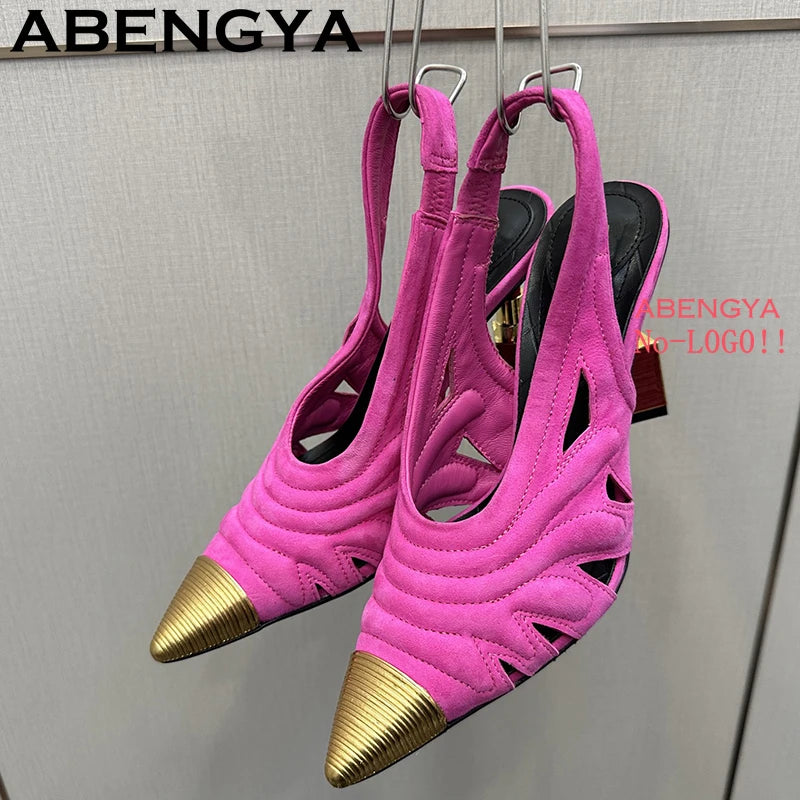 Fashion Strange High Heels Sandals Women Metal Pointy Toe Suede Slingbacks Pumps Summer Sexy Party Wedding Brides Shoes Female