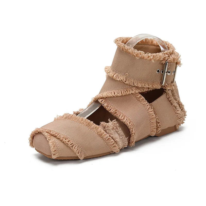 Vintage Tassel Canvas Women Ballet Flats Spring Autumn Soft Soles Dance Walking Shoes Fashion Ankle Strap Mary Janes Girls Shoes