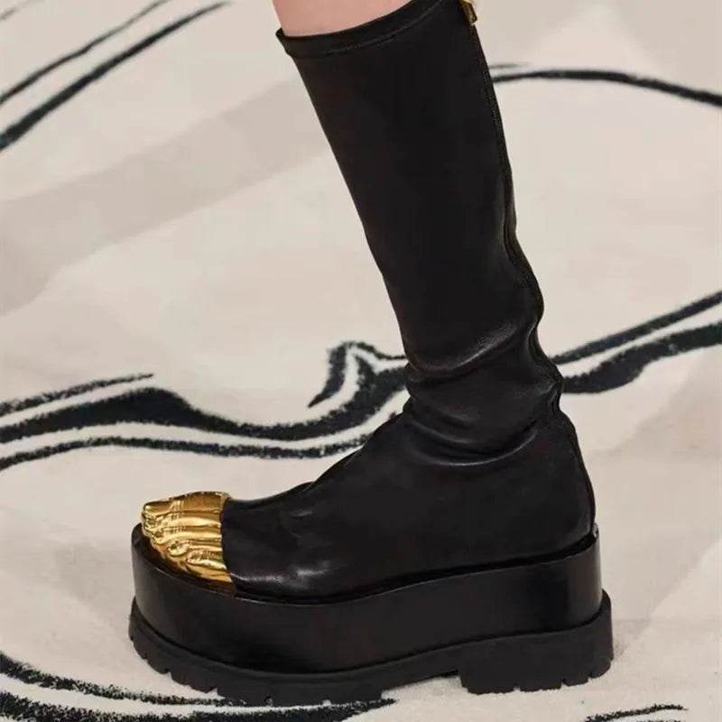 Artistic Surreal Fashion Women Ankle Boots Luxury Mid-calf Boots Designer Thigh High Boots Metal Decoration Female Shoes Platform Zipper-sid