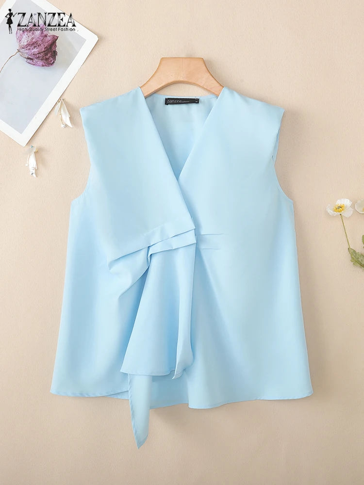 ZANZEA Trendy Pleated Design Women's Blue Tank Tops 2025 Summer Solid Color V-Neck Sleeveless Tops Streetwear 3 Colors S-3XL