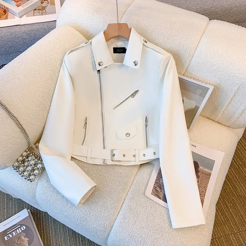 Blue PU leather jacket for women's spring autumn short Street style 2025 new retro motorcycle Leather Coat top