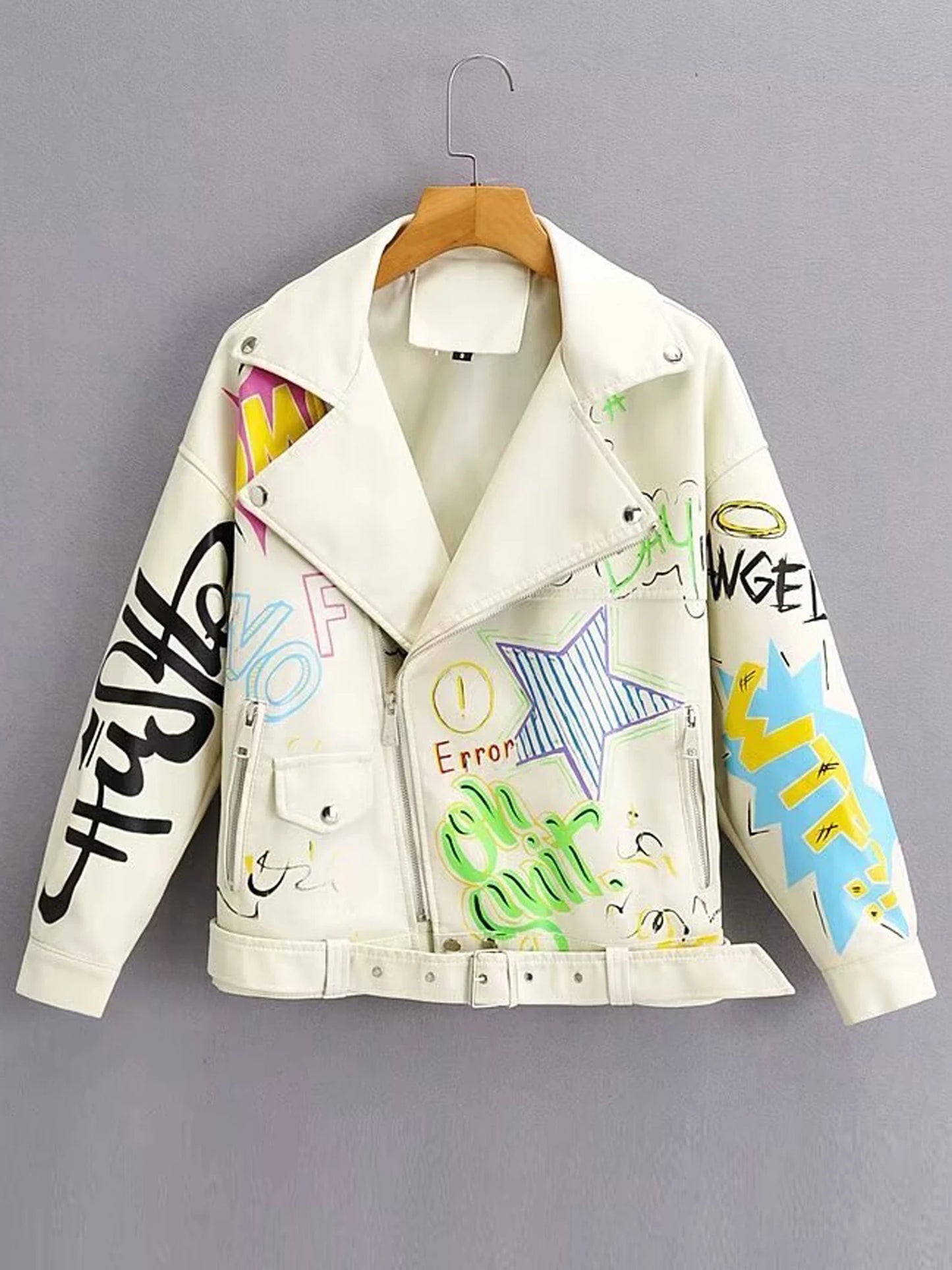 Trendy Fashion Brand Coat PU Leather Jacket Women Colorful Print Graffiti Soft Punk Coats Slim Locomotive Cropped Jacket Leather Top