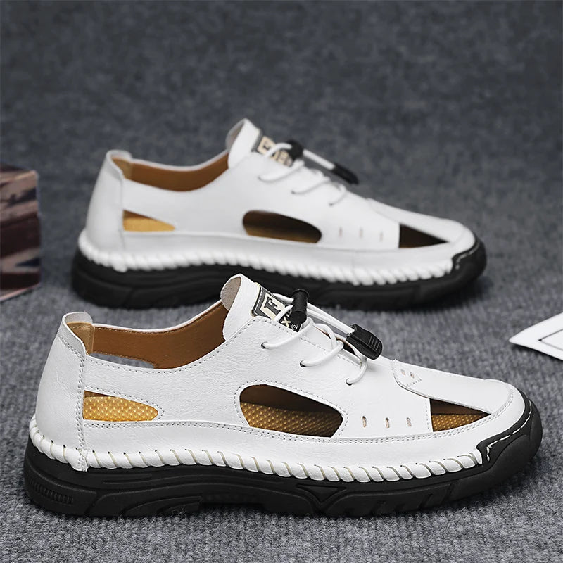 Summer Classic White Soft Bottom Handmade Stitching Beach Men's Shoes Outdoor Men's Comfortable Hollow Breathable Casual Shoes