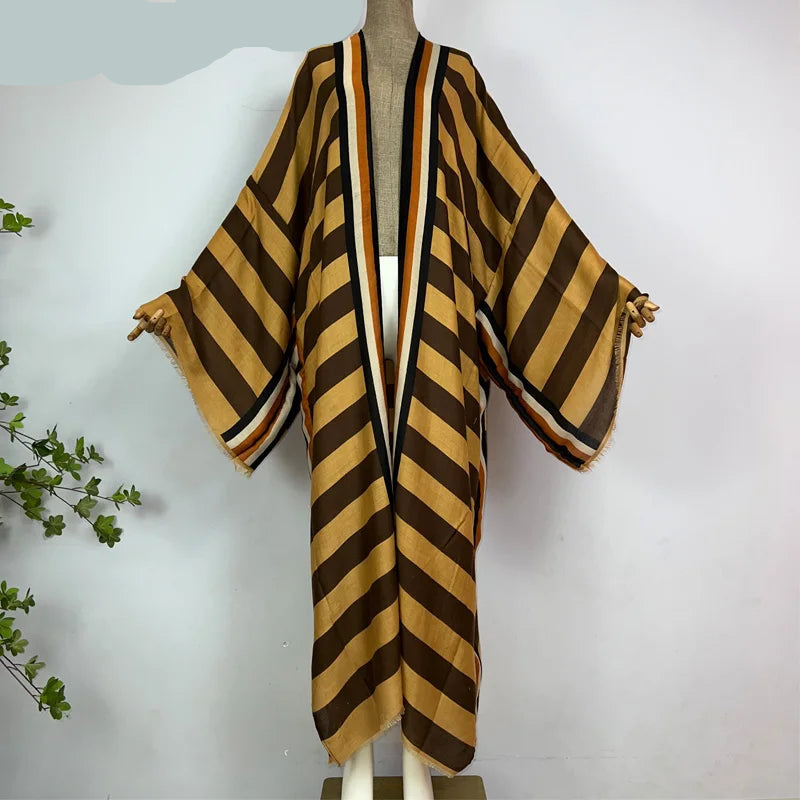 WINYI Kimono Africa Summer Boho Stripe Print Beach Swimwear Elegant Cardigan Sexy Holiday Maxi Beach Wear Swimsuit Evening Dress