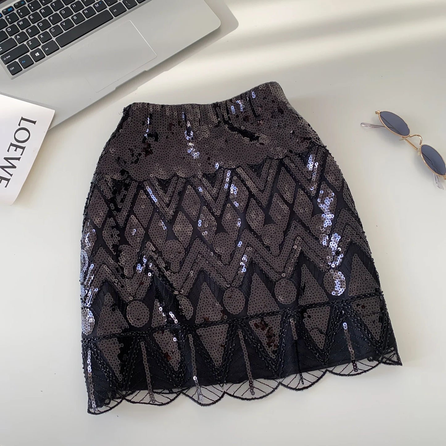 Faionable Heavy Embroidery Sequin High Waist Slim A-Line Skirt Women's Autumn Small Fraance Sle Commute Skirt