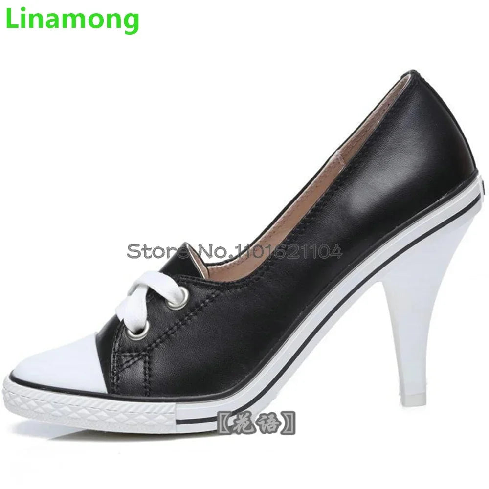 Round Toe Thin High Heel Leisure Pumps For Female Women 2024 Spring New Lace-up Shallow Handamde Mixed Colors Heightened Shoes