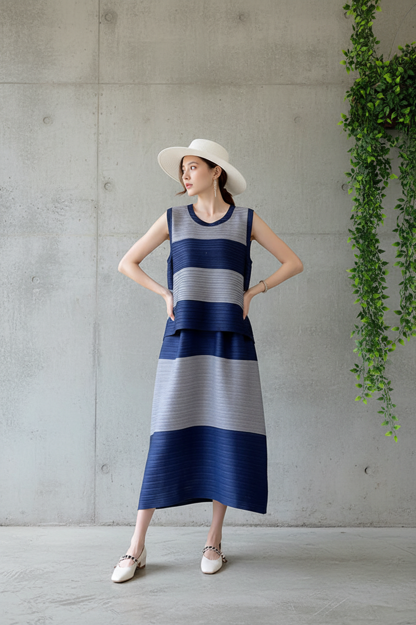 Miyake Pleated New Sleeveless Vest Tops Loose Button Skirts Large Size Two Piece Sets Women's Summer Fashion Designer Clothes