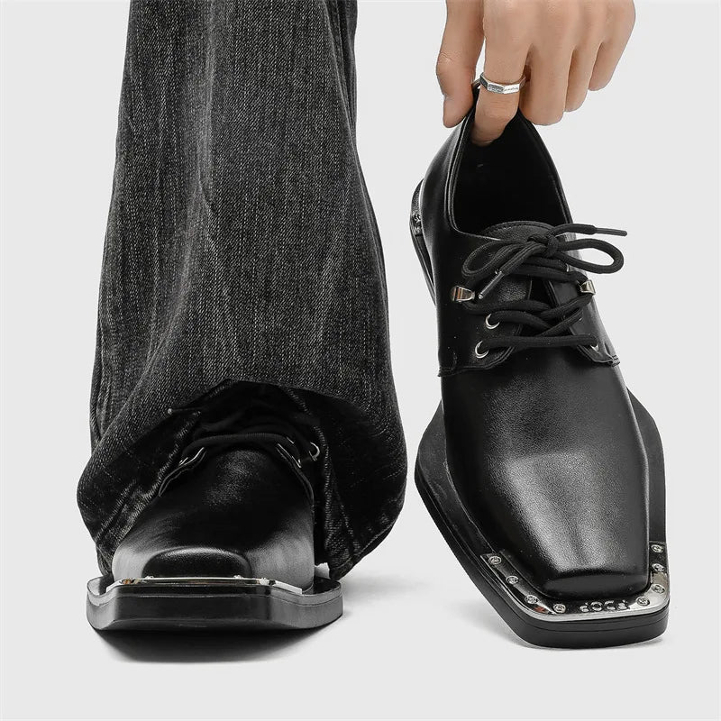 Metal Square Toe Derby Shoes Fashionable Thick Soled Lace Up Design Upturned Toe Thick Heel Trendy Men's Casual Leather Shoes