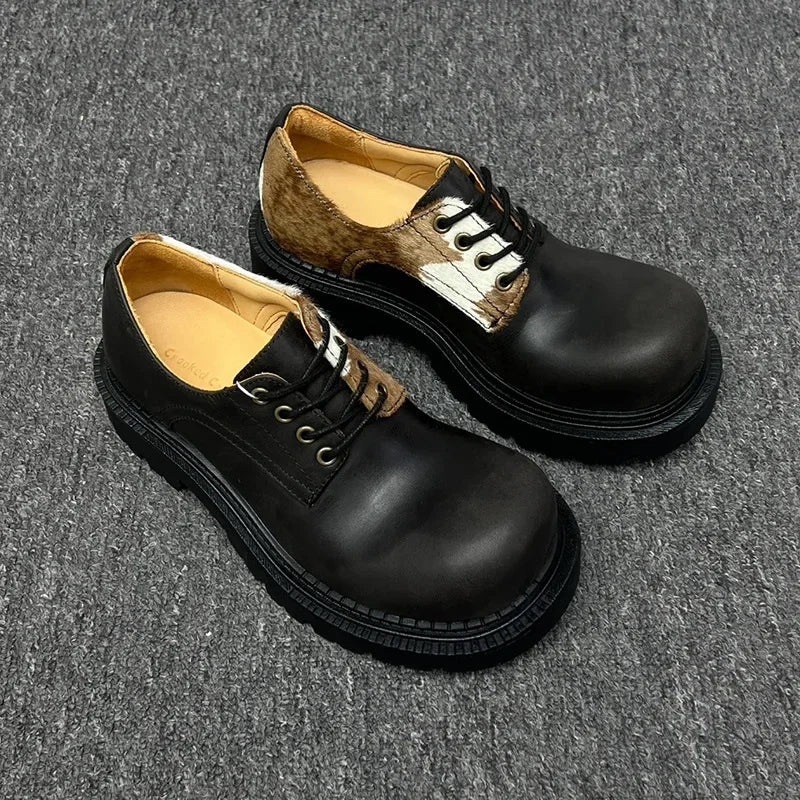 2025 Horsehair Debi Same Men and Women Milk Mandarin Ducks Small Leather Lace-up Thick Heel Platform Soft Single Casual Shoes