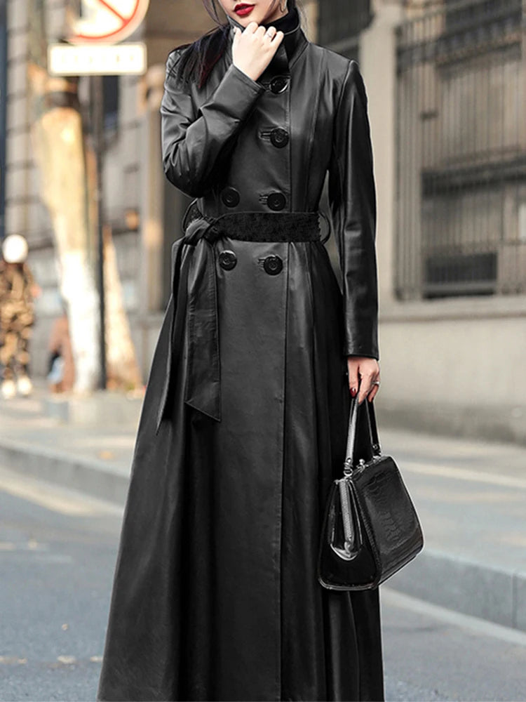 Nerazzurri Autumn Maxi Red Pu Leather Trench Coat for Women Long Sleeve Belt Double Breasted Elegant Luxury Runway Fashion 2023