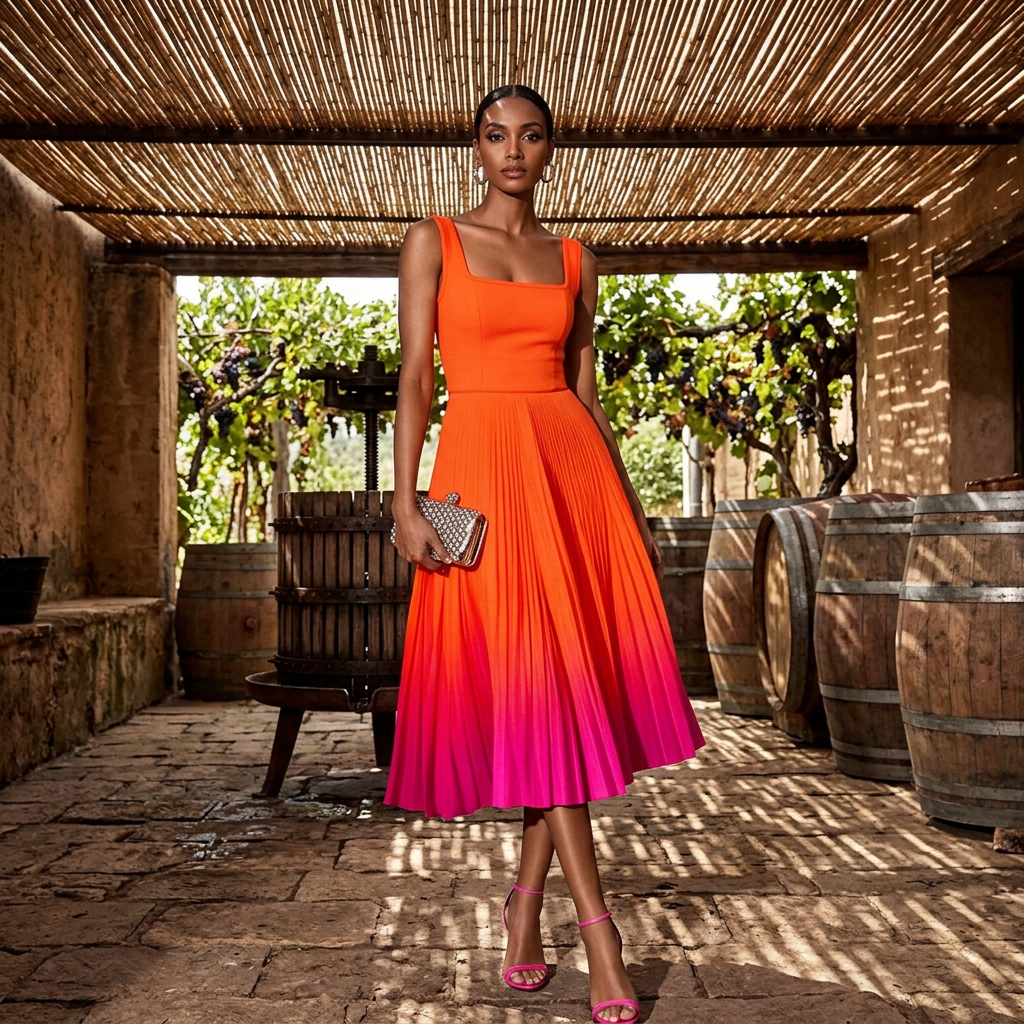 Square Neck Wide Strap Fitted Bodice Gradient Pleated Flared Midi Dress A Line Elegant Cocktail Party Knee Length Gown