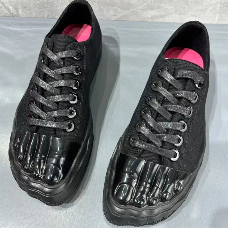 Men Women's High Top Canvas Sneakers Metallic Gold Toe Cap Lace-Up Casual Streetwear Shoes Comfortable Flat Platform Fashionable