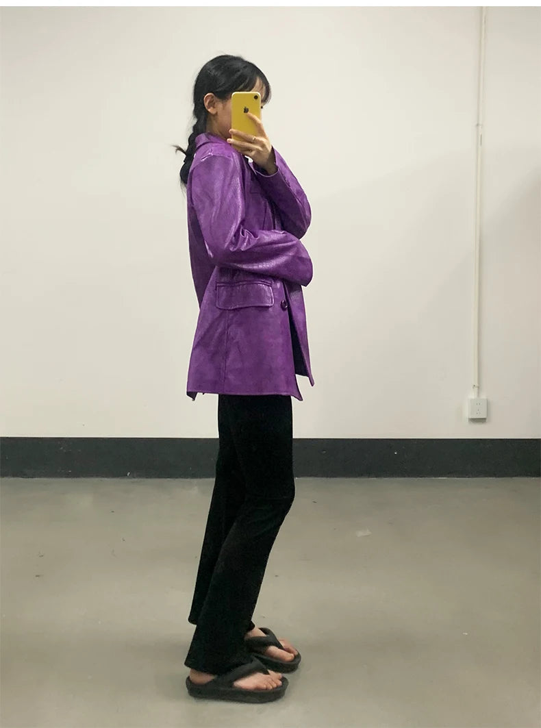 Mauroicardi Autumn Soft Luxury Matte Purple Crocodile Print Pu Leather Blazer Jacket Women Loose Casual Korean Fashion Clothes