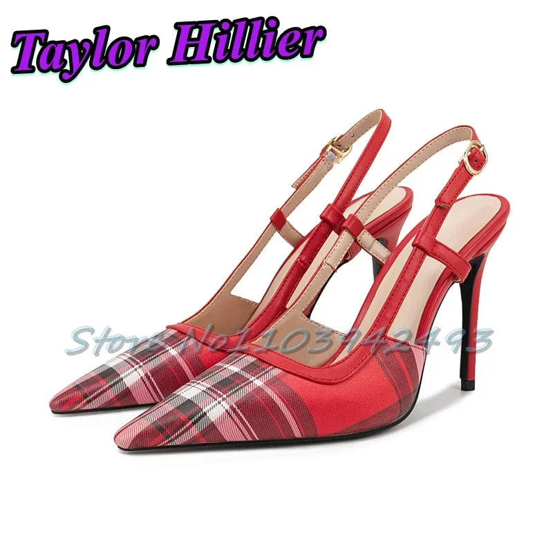 Patchwork Gingham Blue Heels Shallow Heeled Sandals Women Luxury Designer Shoes Summer Yellow Red Purple Buckle Strap Yellow New