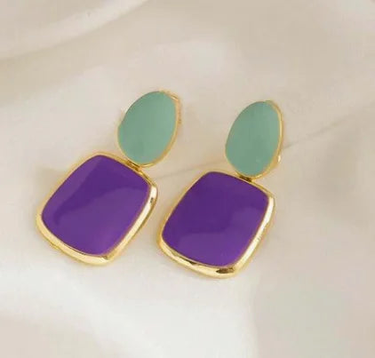 Korean Multicolor Square Dangle Stud Earrings For Women Green Purple Pink Bule Semi-Precious Stone Earrings Pastoral Style