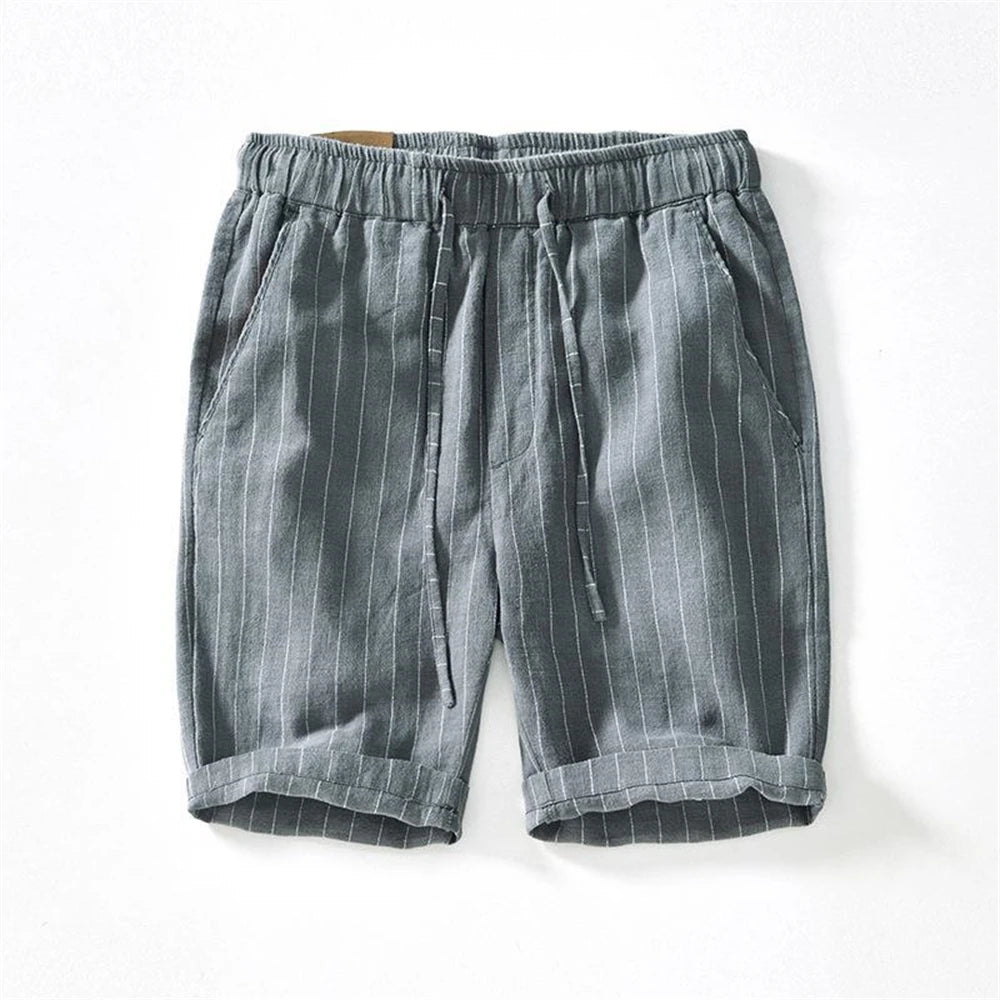 Summer cotton linen men's beach shorts loose fit breathable ramie striped straight daily causal pants for men