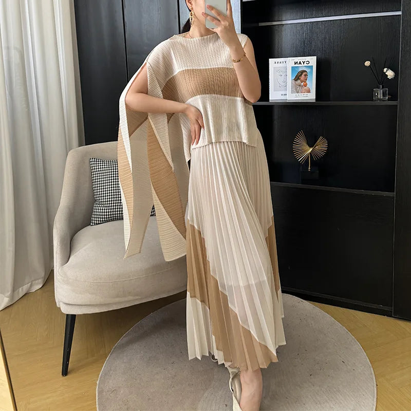 Miyake Pleated Two Piece Skirt Sets Women Sleeveless Irregular T-shirt Long Contrasting Color Skirt
