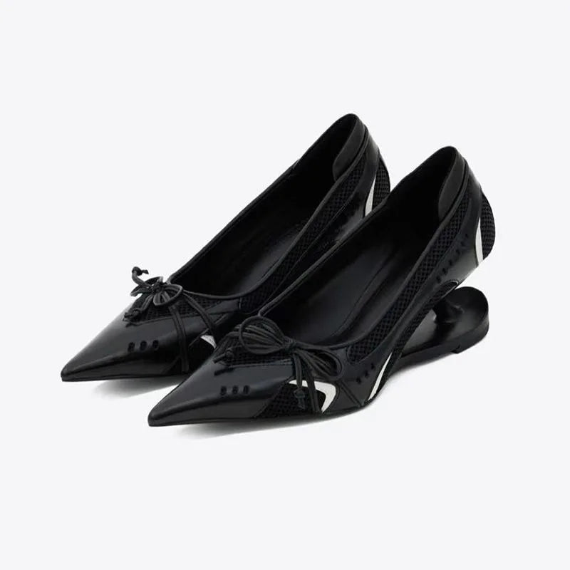 Special Heel Spliced Heels Pointed Toe Heels Women's Fashion Shallow Mouth Bow Non-Slip Mary Jane Single Shoes
