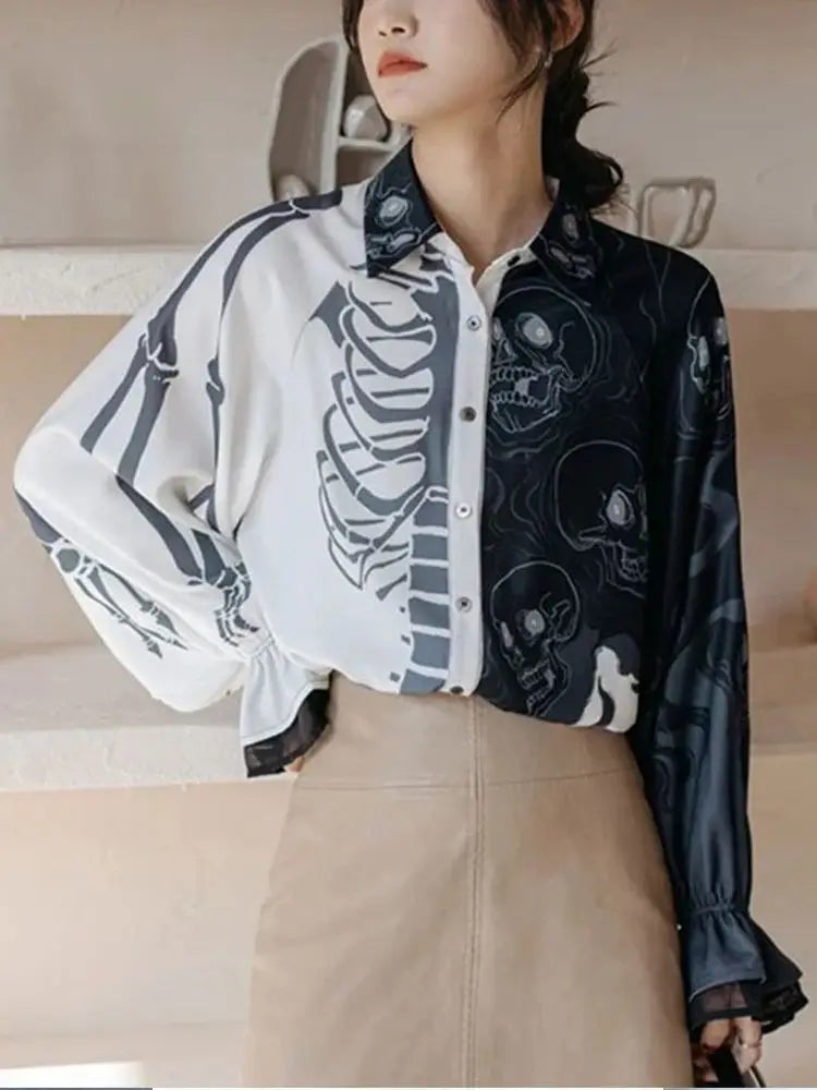 Y2K stylish blouses skull printing shirts lantern Sleeve with lace decor shirts blouses casual loose streetwears Blusas Mujer