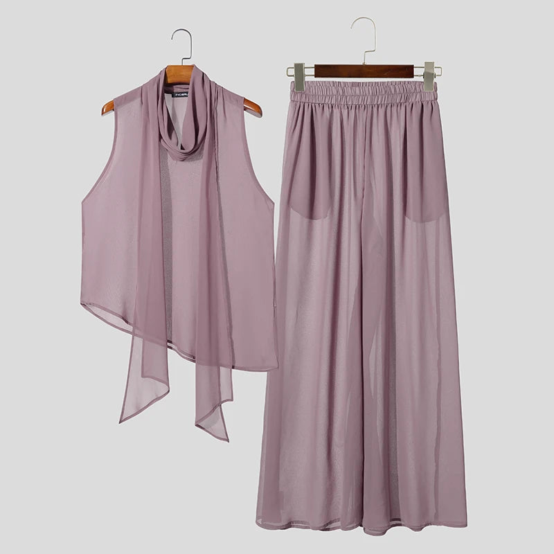 INCERUN Men's Sets Solid Chiffon See Through Sleeveless Irregular Tank Tops Pants Two Piece Sets Oversize 2026 Men Matching Sets
