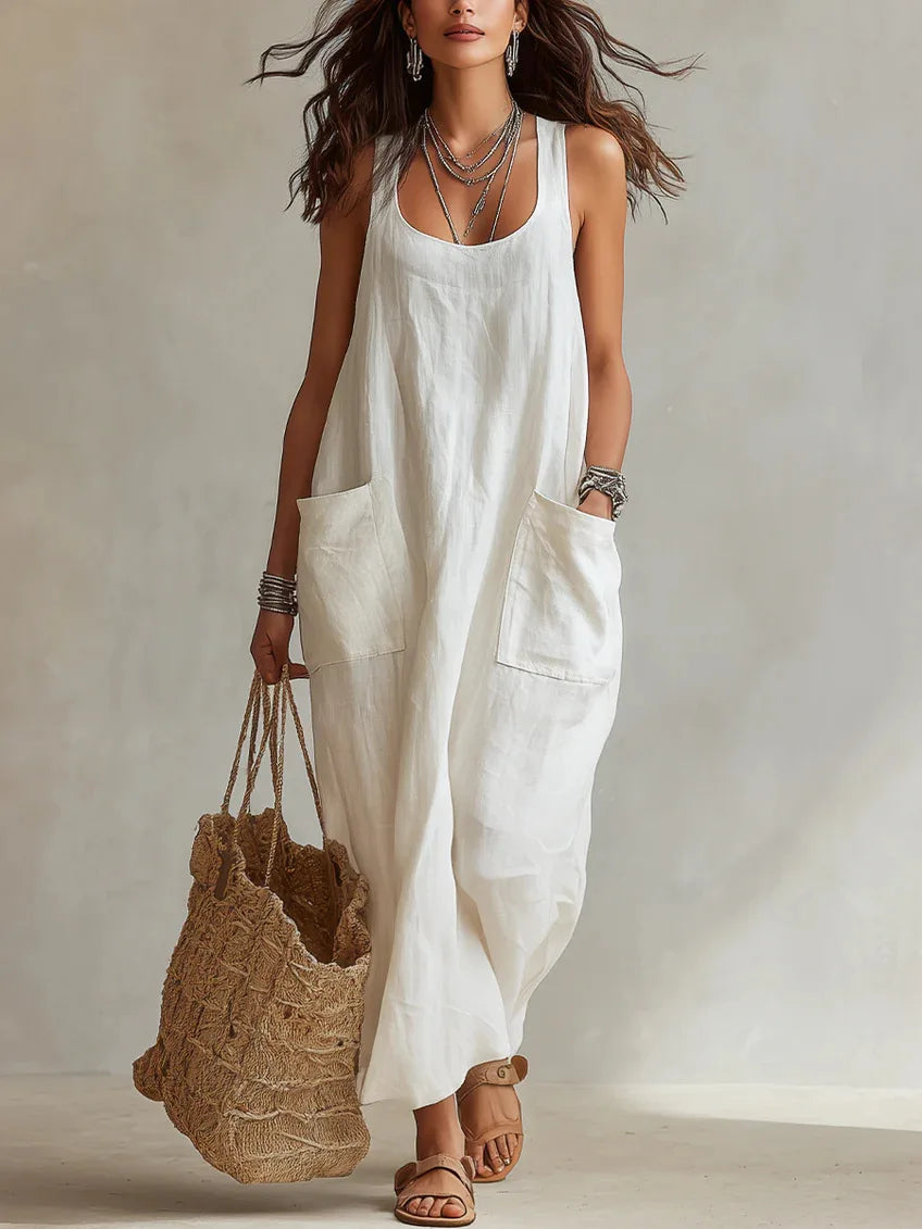 Women's Cotton Linen Square Neck Maxi Dress with Pockets Spaghetti Strap Sleeveless Loose Vacation Beach Long Sundress S-2XL