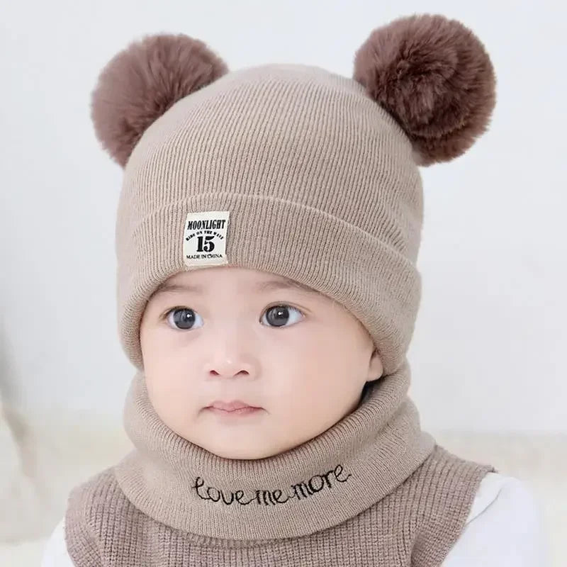 Autumn Winter Warm Baby Knitted Hats with Scarf Kids Knit Beanie Caps Solid Color Children's Hat Toddler Boys Girls Accessories