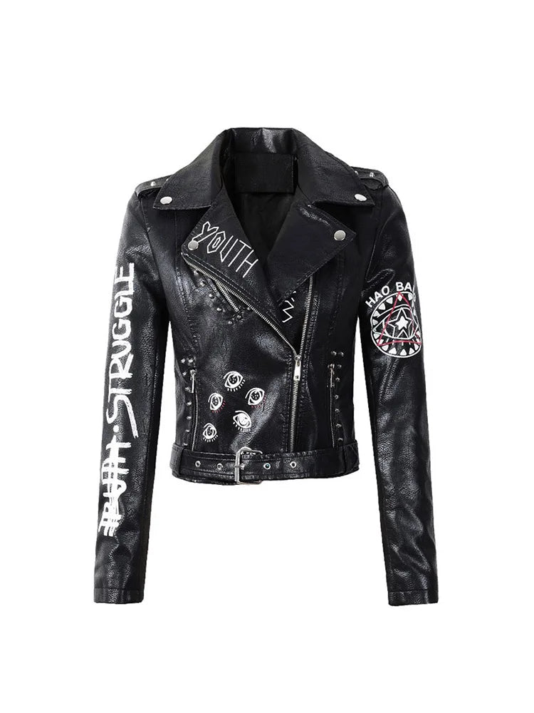Women Vintage Graffiti Print Slim Pu Faux Leather Jacket Streetwear Female Moto Biker Zipper Belt Short Coat Outwear