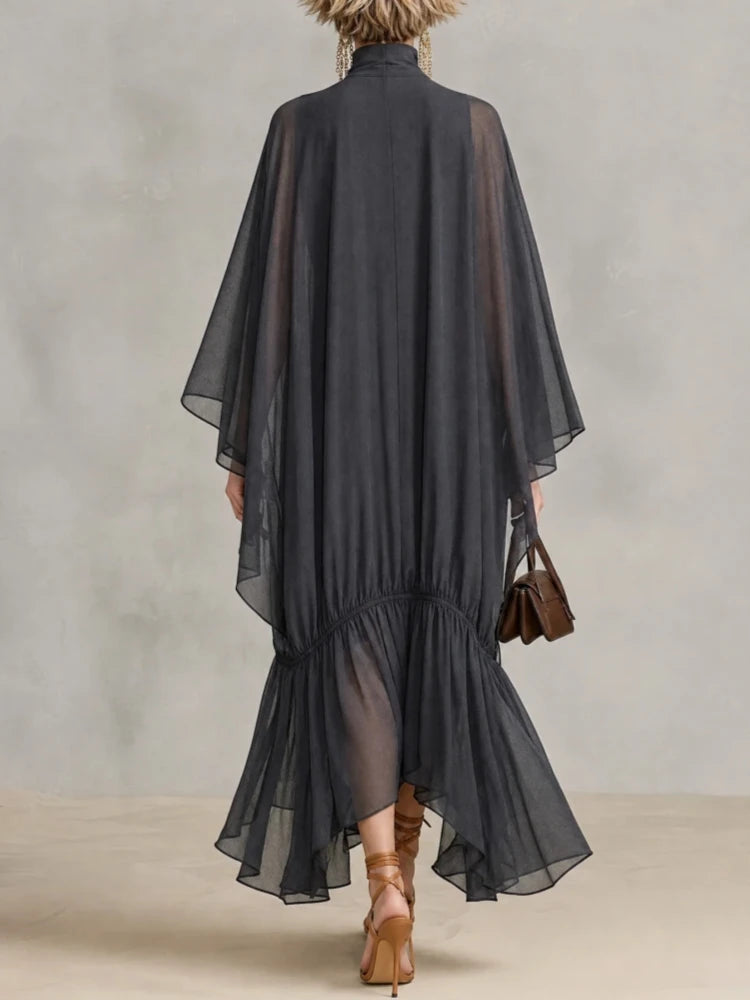 Elegant Women Sheer Chiffon Maxi Dress Turtleneck Batwing Sleeve Loose Flowy Ruffle Long Dress Casual Holiday Party Dresses