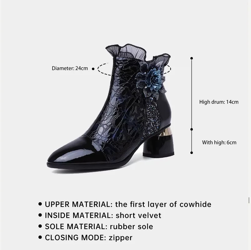 Romantic Style Women Retro Lace High Heels Ankle Boots Autumn Embroider Pointed Toe Platform Short Boot Thick Heeled Pumps Zap