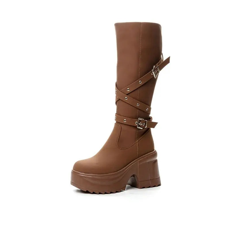 Fujin 10cm Microfiber Women Boots British Boots ZIP Synthetic Leather Ankle Spring Platform Wedge Knee High Fashion Autumn Shoes