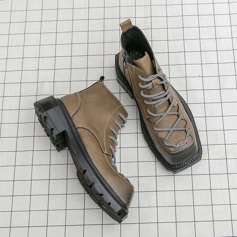 Autumn New Men Comfortable Lace Up Side Zipper High Top Leather Shoes Fashion Brand Round Toe Thick Soled Non Slip Outdoor Boots