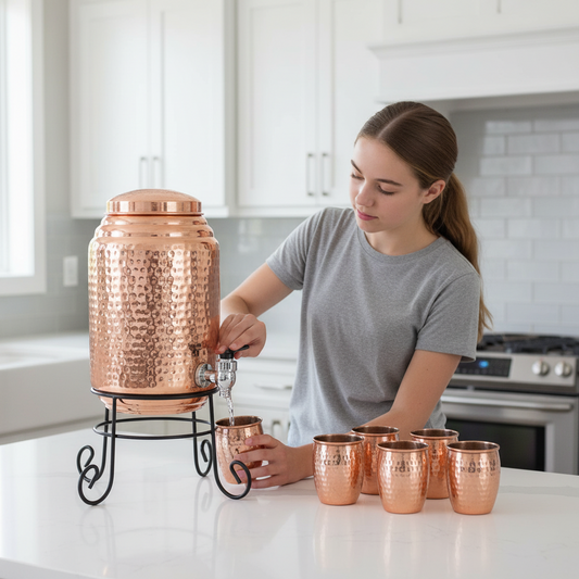 100% Pure Handmade Copper Water Dispenser 5L Glass Water Tap Hammered Copper Water Tank Metal Matki Eco-Friendly Bar Accessories