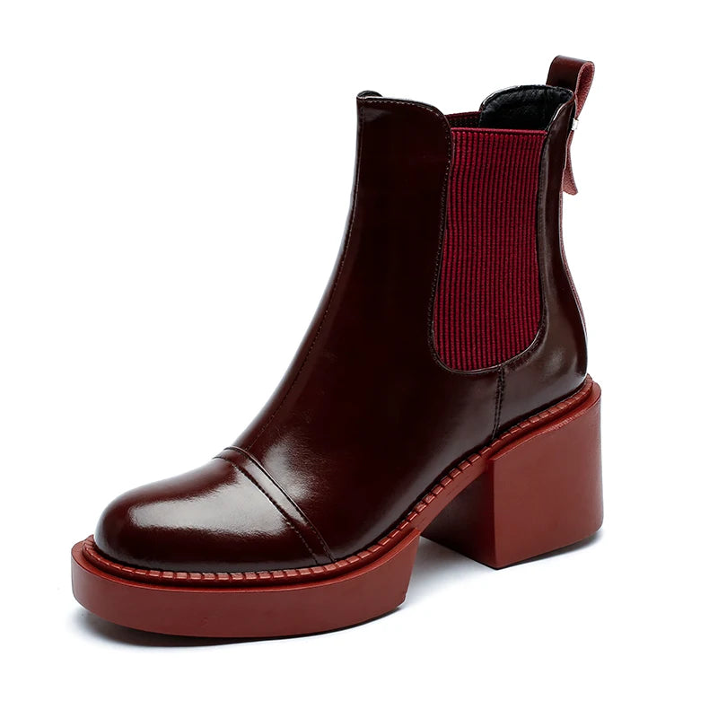 Winter Genuine Leather Chelsea Boots Women Shoes Retro Round Toe Women Platform Thick Heels Short Booties Autumn