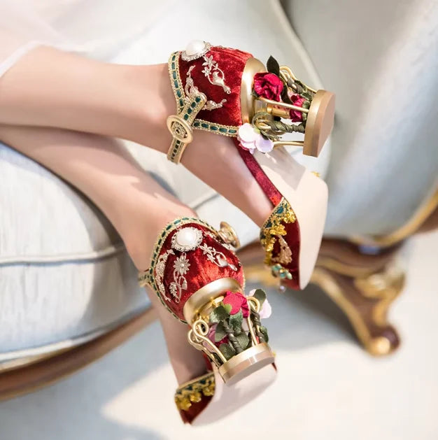 Red Velvet Flower Heels Woman Shoes Retro Birdcage Applique Embroidery Sandals Shoes String Bead Ankle Strap Runway Shoes