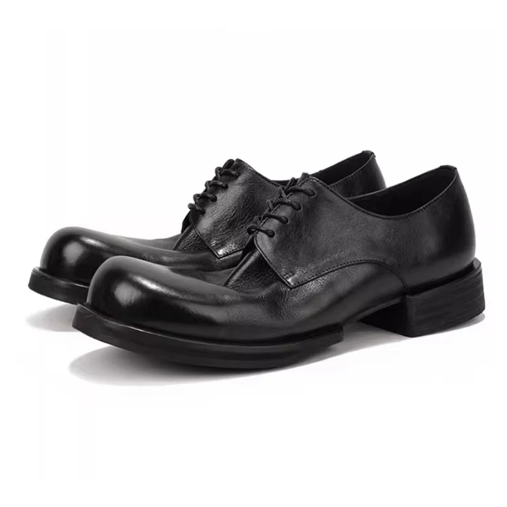 Big Round Toe Casual Shoes Low Cut Breathable Leather Shoes for Men Wear-Resistant Breathable Solid Color Handmade Men's Shoes