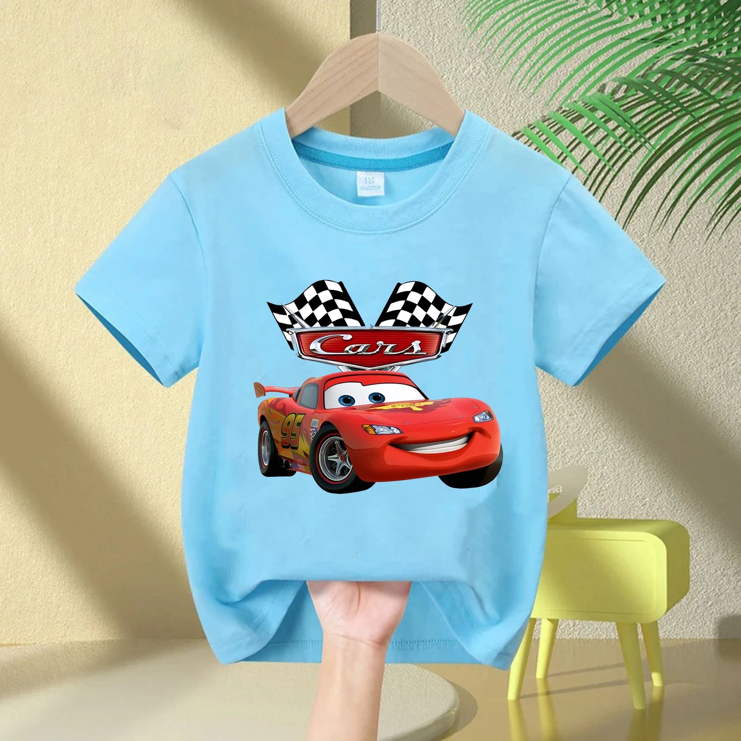 2025 Summer New Disney Cars Lightning McQueen around short-sleeved boys and girls summer 100% cotton all-match T-shirt clothes