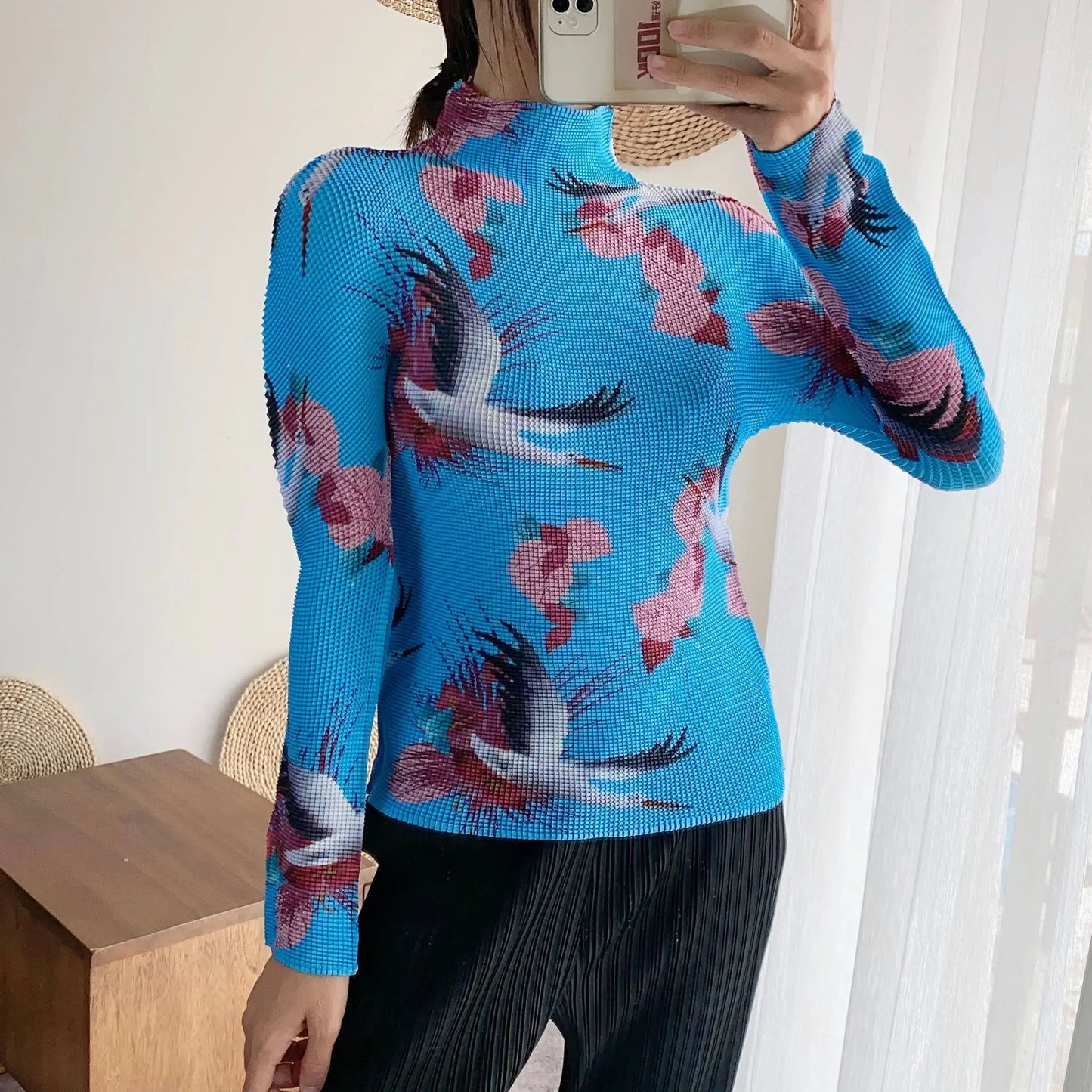Miyake Pleated Contrasting Colors T-shirt Women Half Turtleneck Skinny Pullover 2025 Summer Fashion Female Clothing