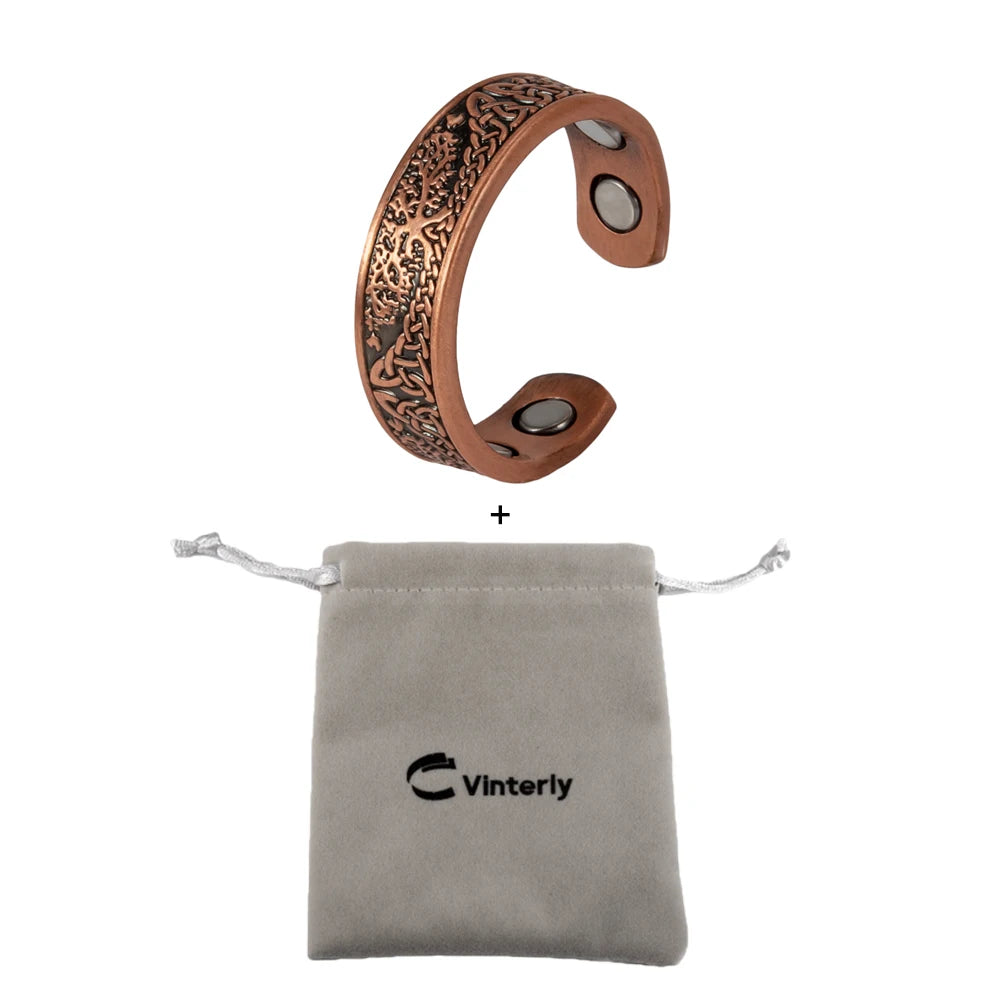 Vinterly Pure Copper Magnetic Rings Lucky Tree Vintage 6.5mm Health Energy Finger Cuff Adjustable Jewelry High Magnet Resizable