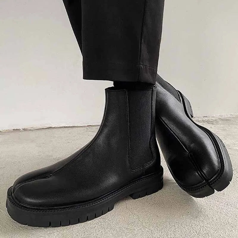 Genuine leather Split-toed Boots Mid-tube Chelsea Boots Men's and Women's Couples High-top Set of Split-toed Leather Shoes