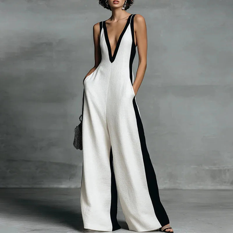 Women's Sexy Deep V Neck Wide Leg Pants Jumpsuit Spring Elegant Striped Print Patchwork Romper Summer Sleeveless Zipper Overalls
