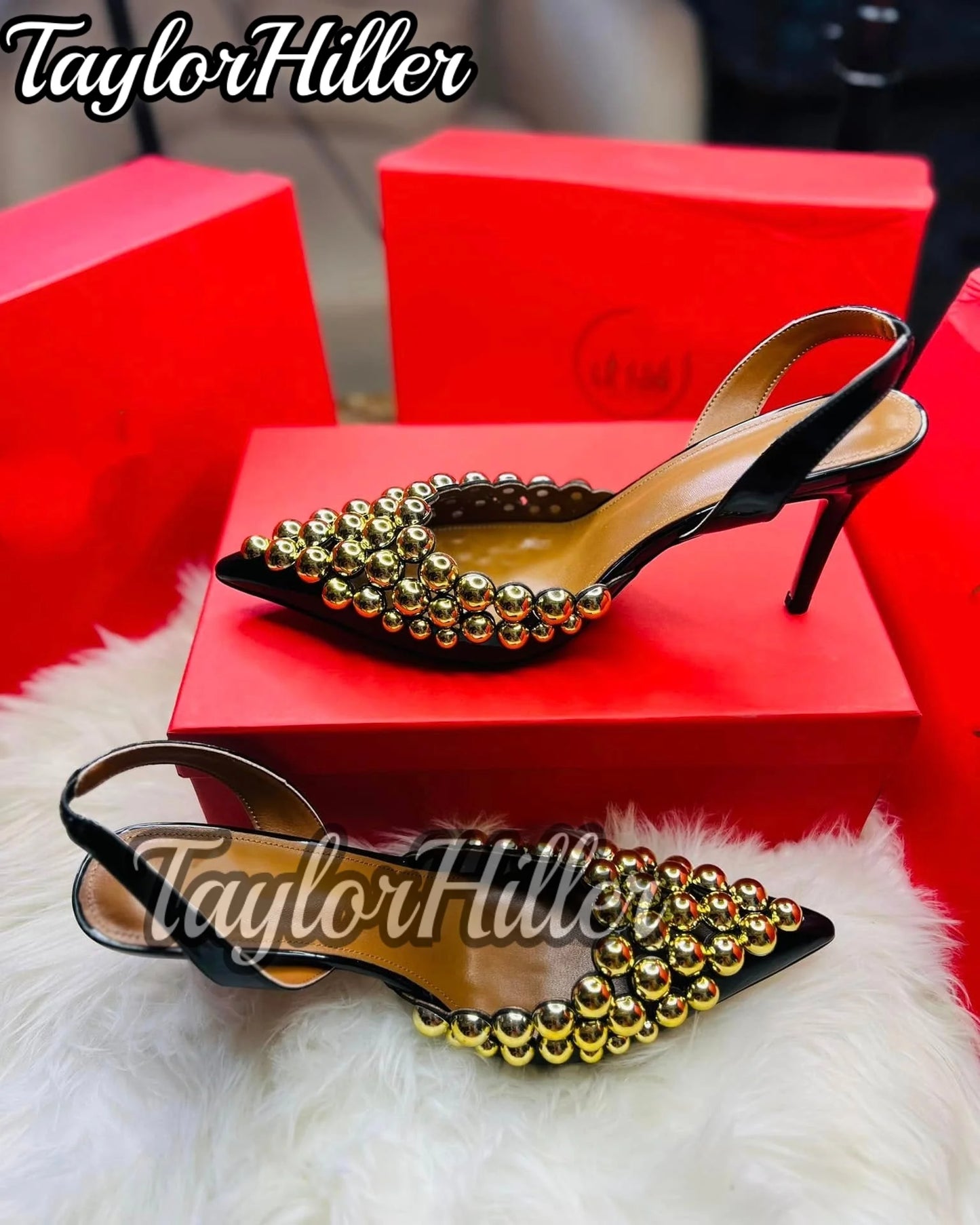 Golden Silver Ball Decor Heeled Sandals Slingback Women Pull On Slip On Shoes Pointy Toe Luxury Studded Metallic Luster Heels