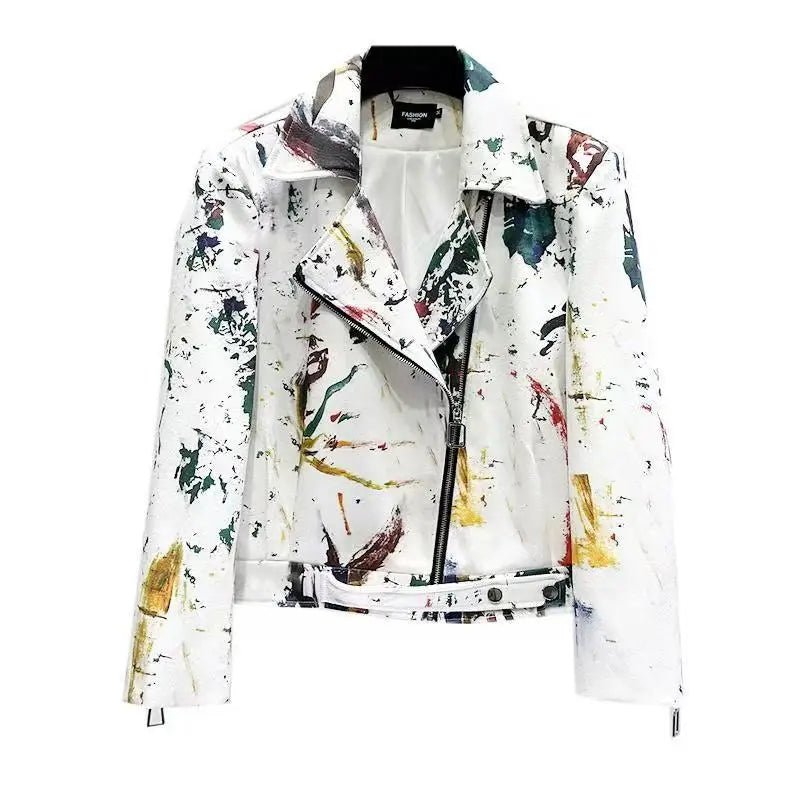 Spring Autumn Men's Artistic Sketch Print Jackets Fashionable Splashing Ink Zipper Motorcycle Personality Advanced Male Coat