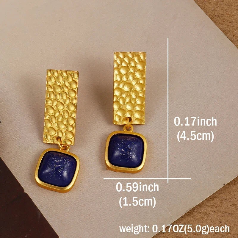 Boho Lapis Lazuli Square Shape Drop Dangle Earrings Retro Style Golden Women's Jewelry