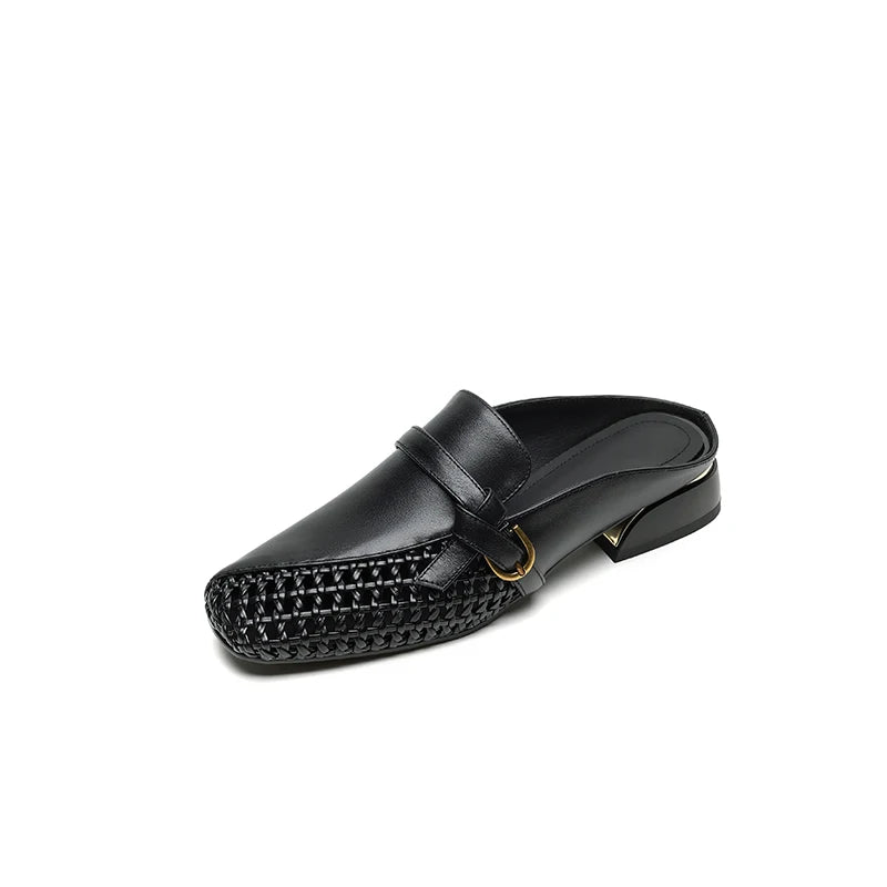 Dilalula 2025 Genuine Leather Hollow Women Mules Covered Toe Low Thick Heels Casual Slippers Ladies Summer Walk Belt Mesh Slides